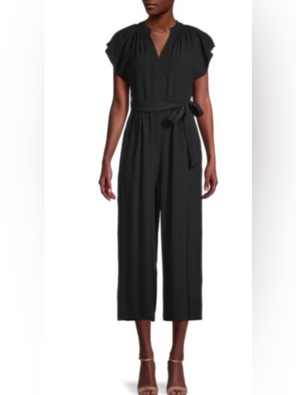 Calvin Klein Black Flutter Cap Sleeve One Piece Tie Waist Jumpsuit Size 8
